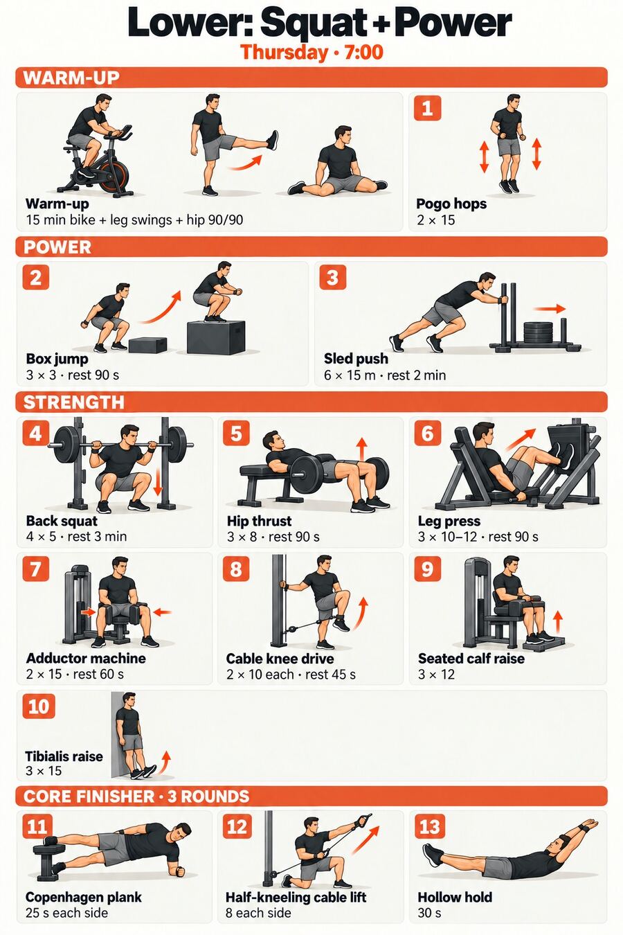 The full workout: each exercise with sets and reps